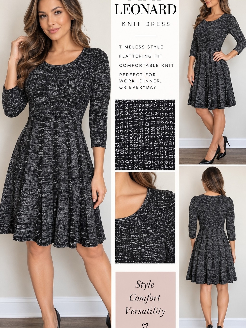 Nina Leonard Black Gray Marled Knit Fit & Flare Sweater Dress 3/4 Sleeve M